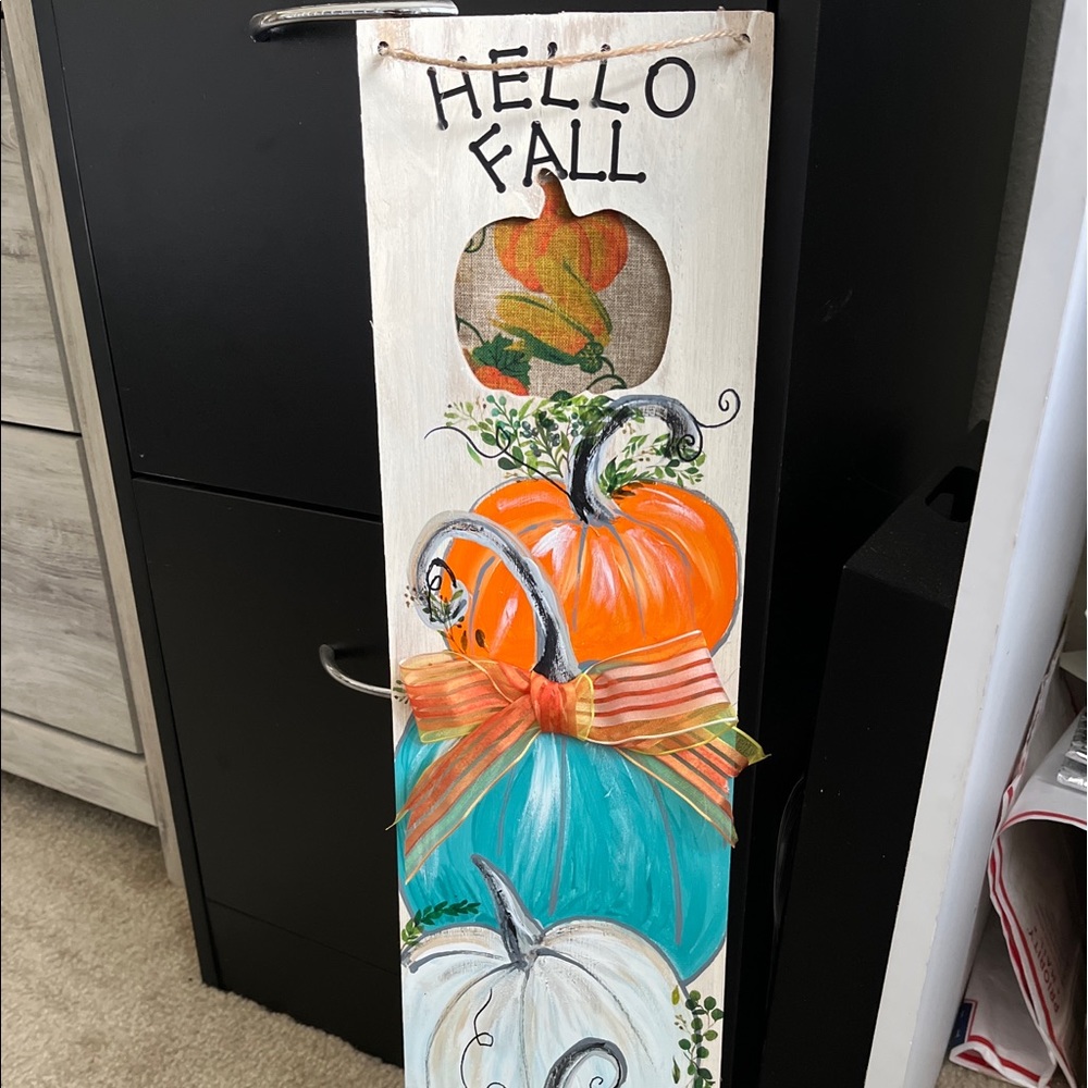 HELLO FALL.  tiers pumpkins door, wall decor-HANDPAINTED